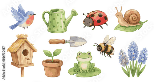 Cute watercolor gardening elements set with birdhouse, shovel, potted sprout, insects and flowers. Collection of Vector illustrations. Perfect for invitation, card, poster, banner, decoration
