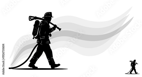 Firefighter Walking with Equipment and Hose.