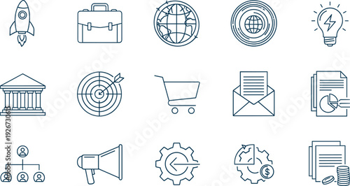Business and Marketing Line Icons Set with Strategy Finance E Commerce and Communication Vector Collection