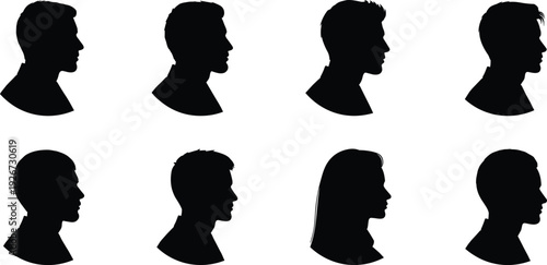 Black silhouettes of eight people facing right faces profiles