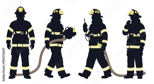 Firefighters in Uniform Standing with Equipment.