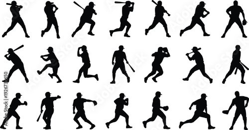 Large silhouette collection of baseball players in action including pitchers batters and fielders isolated on white background for sports team design and competition