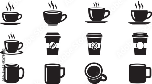 A collection of coffee cup icons, featuring various designs and styles.