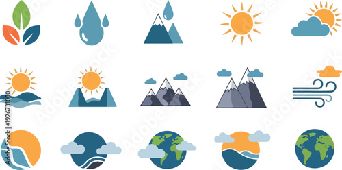 Vibrant flat design weather icons set with sun, rain, leaves, and mountains vector illustration