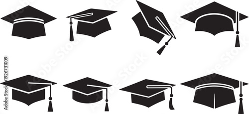 Graduation caps in various orientations against a white background.