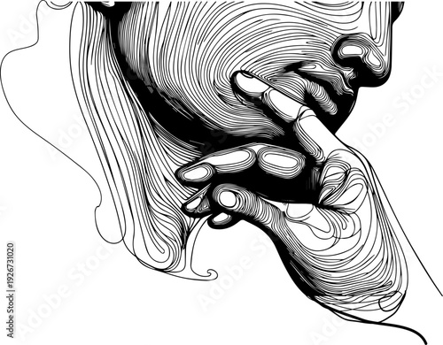  Sculptor’s hands meticulously refining clay face in detailed contour line art for artistic and expressive sculpture creation