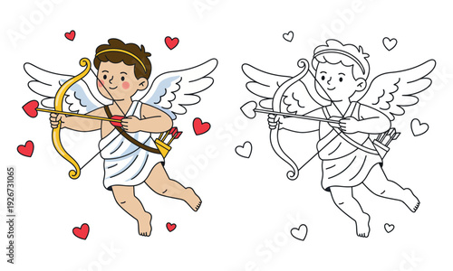 Hand-drawn style Cupid boy with Greek toga, bow, and hearts. Romantic Valentine's Day illustration in color and line art.