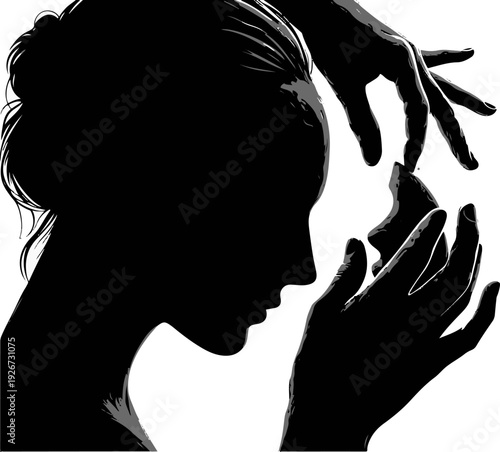 Female sculptor gently touching clay bust in emotional sketch for intimate and artistic sculpture appreciation