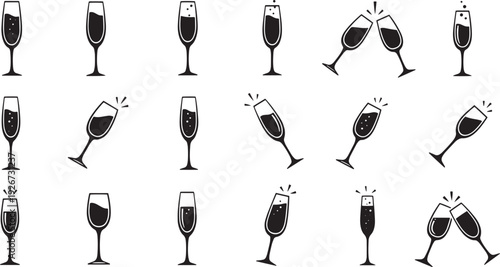A collection of black and white illustrations of champagne glasses, each with a different pose and style.