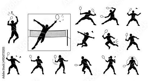 Premium collection of twelve distinctive badminton athlete icons in bold black silhouette style. Features dynamic poses including overhead smash, diving defense, backhand return, ready stance