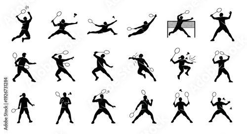 Collection of 12 unique black badminton player icons arranged in one balanced square frame. Dynamic athletic silhouettes featuring jump smash, defensive stance, net play, diving save, and shuttlecock 
