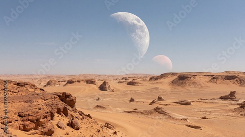 Alien desert landscape with two moons in a clear blue sky