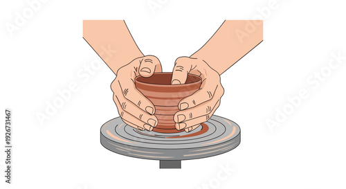 Close up illustration of a person's hands shaping a brown clay bowl on a rotating grey pottery wheel against a white background.
