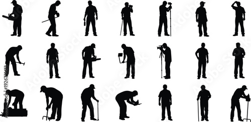 Construction Worker Silhouette Collection with Builder, Engineer, Laborer, Surveyor, and Repairman in Black Solid Vector Illustration Set