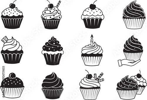 A collection of black and white cupcake illustrations with various toppings and decorations.