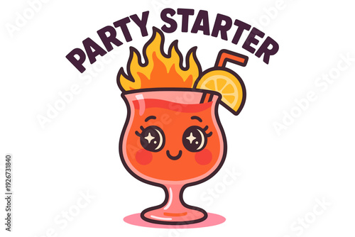 Colorful Cartoon Cocktail with Fire and a Lemon Slice in Playful Style