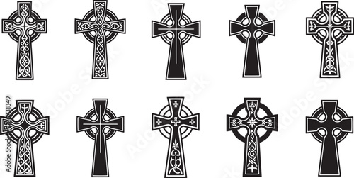 A collection of 12 black and white Celtic crosses with intricate designs, arranged in a 4x3 grid on a white background.