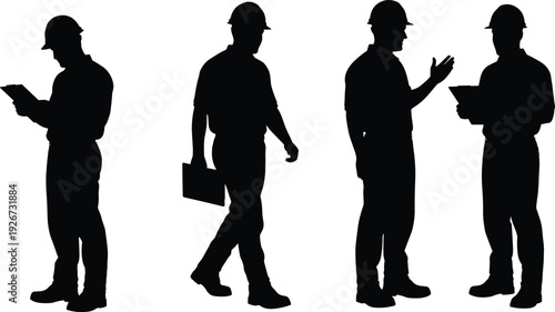Construction Worker Silhouettes with Engineer, Builder, and Contractor Discussing Project Plans in Black Solid Vector Illustration Set