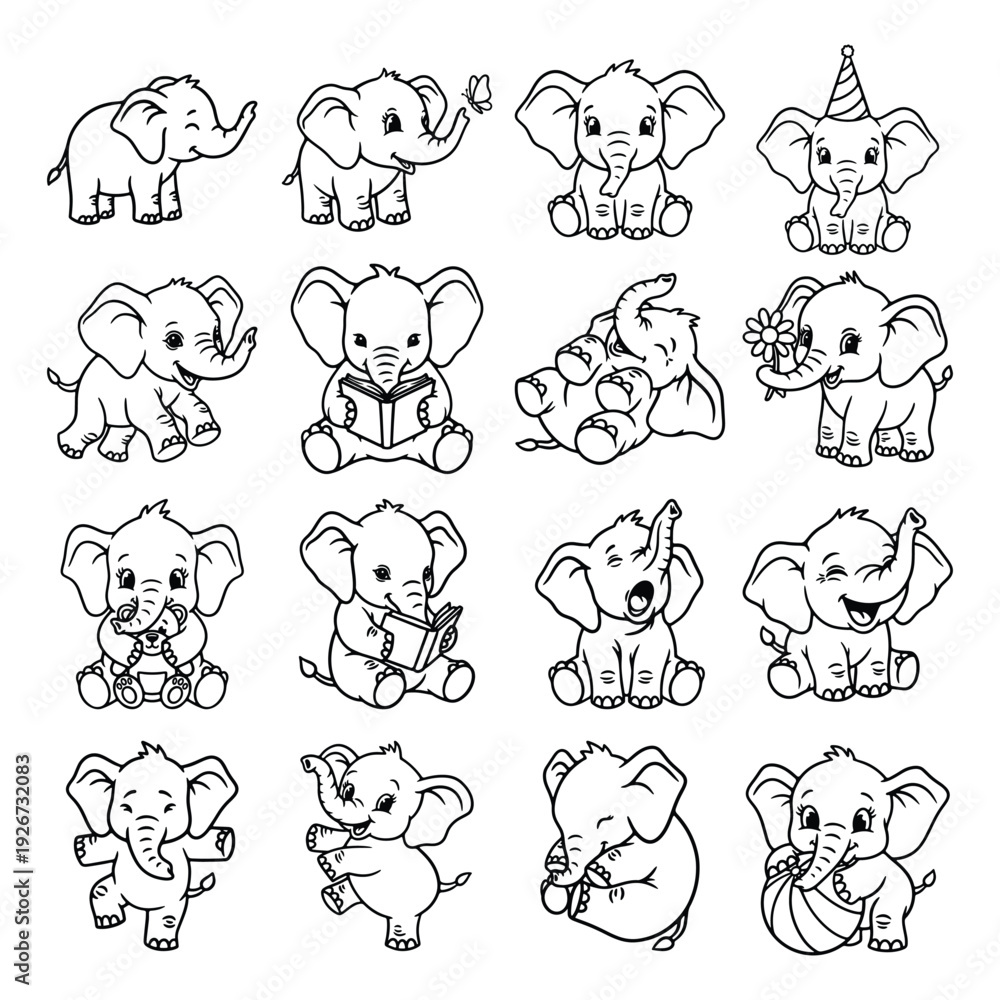 Fototapeta premium Baby Elephant Cute Cartoon Collection, Kids Coloring Book Animal Outline Illustration Set