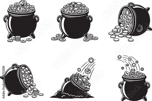 A set of six black and white illustrations of a pot of gold with coins, each with a different angle and orientation.