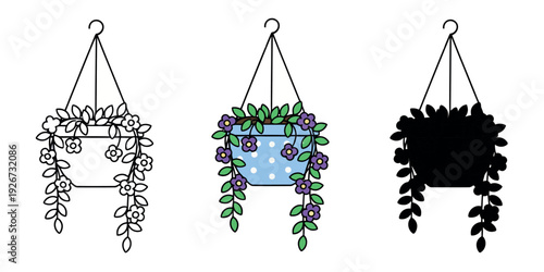 Decorative hanging basket with purple flowers and trailing vines. Vector icon set in line art, color, and silhouette styles.