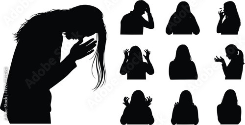 Depressed Woman Silhouette Collection with Stress, Anxiety, Sadness, and Emotional Struggle Poses in Black Solid Vector Illustration Set