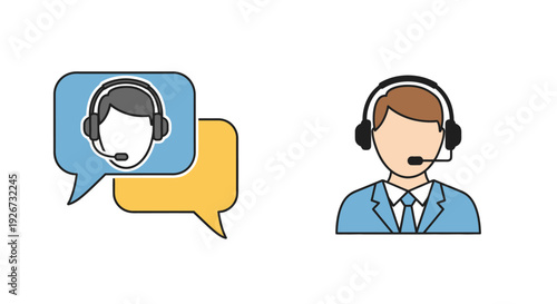 Friendly Customer Support Call Center Agent with Headset and Speech Bubble Icons, isolated white background.
