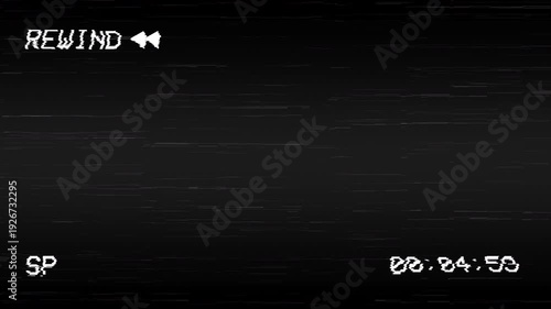 Rewind VHS screen Rewind 4K Video Tape VHS with Static Noise Overlay on black background