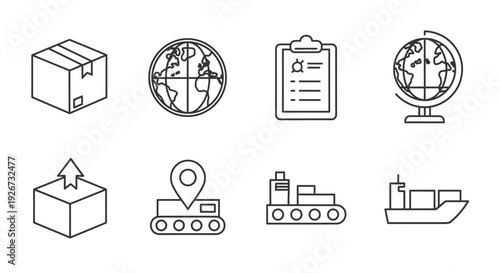 Global Shipping and Logistics Line Icons Set, Worldwide Delivery and Cargo Transportation on Isolated White Background