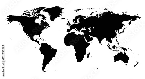 Detailed Black World Map Silhouette Illustrating Continents and Global Geography on an Isolated White Background.