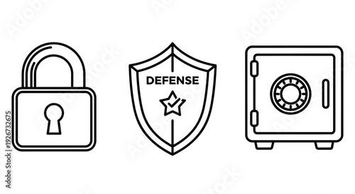 Set of three line art icons representing defense and security, including a padlock, a shield with 'DEFENSE' text, and a safe box on an isolated white background.