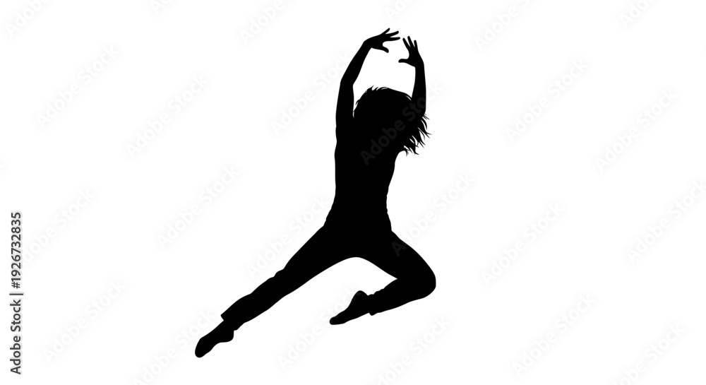 Fototapeta premium Graceful Silhouette of Female Gymnast or Dancer in Expressive Jumping Pose, Athletic and Dynamic, isolated white background