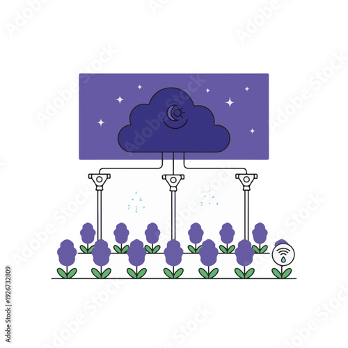 Smart irrigation system misting field of lavender at night with cloud server icon for automated IoT agriculture.