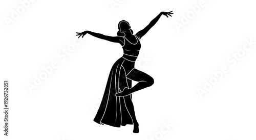 Graceful Silhouette of Female Dancer in Long Flowing Dress, Elegant and Artistic Pose, isolated white background