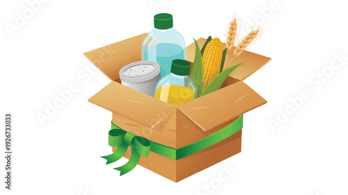 Open cardboard box with food and household items inside for donation