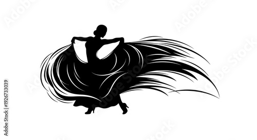 Dynamic Female Dancer Silhouette with Flowing Dress in passionate Movement on Isolated White Background