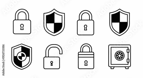 Comprehensive Set of Digital Security and Data Protection Line Icons with Various Padlock Shield and Safe Designs on Isolated White Background