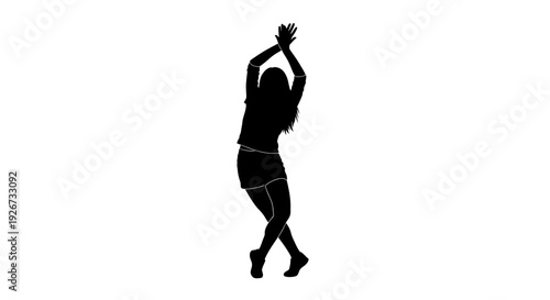 Joyful Female Silhouette with Arms Raised in a Celebratory and Energetic Pose on Isolated White Background