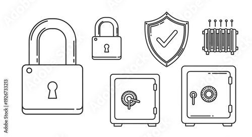 Collection of Security Outline Icons including Padlocks, Shield, Safe, and Server Rack on Isolated White Background