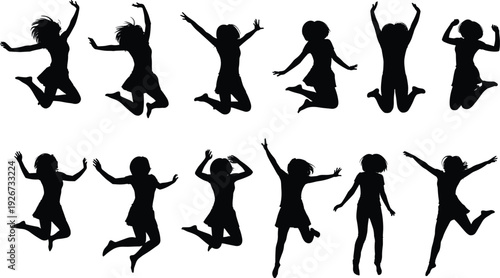 Black silhouettes of girls jumping in various poses white background happy