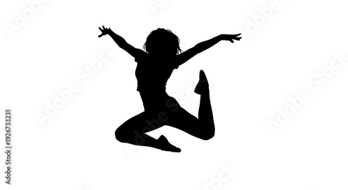 Energetic Female Dancer Silhouette Performing Expressive Leap on Isolated White Background
