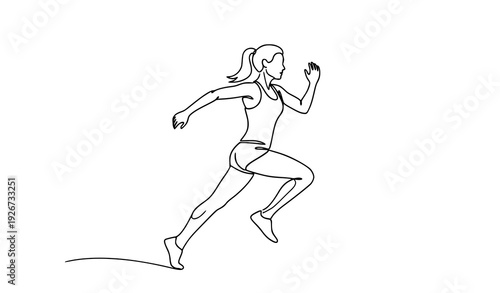Continuous line art running woman illustration elegant female fitness motion outline vector isolated on white