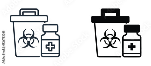 Biomedical Waste Icon Design on White Background, Featuring Infectious and Hazardous Material Symbols for Healthcare, Laboratory Safety, Medical Disposal, and Warning Sign Applications.