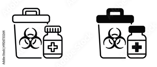 Biomedical Waste Vector Icon Collection, Infectious and Hazardous Material Symbols Isolated on White Background for Medical Safety, Hospital Use, and Laboratory Warning Graphics.