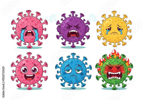 Cute cartoon virus characters showing different emotions isolated on transparent background for education and awareness