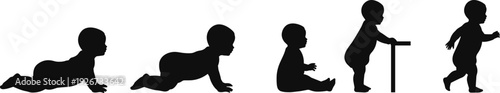 Comprehensive Baby Development Silhouette Set Featuring Vector Symbols of Infant Crawling Sitting and Standing with Support for Milestones
