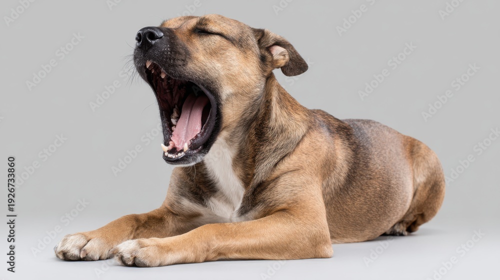 Obraz premium Playful dog yawning on gray background showcasing relaxation and comfort