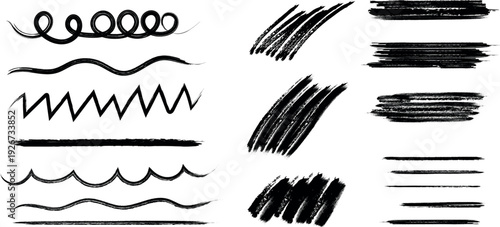 A collection of various black line art strokes and scribbles grunge 