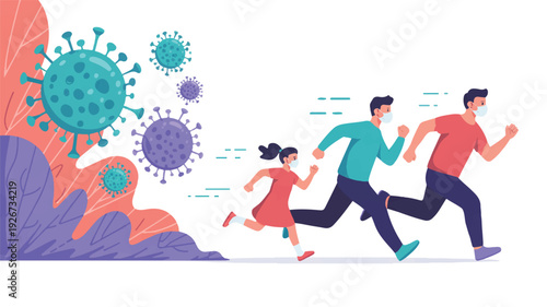People running from virus particles in cartoon style illustration