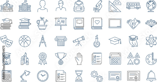 Education and School Line Icons Set with Learning Science Graduation and Academic Elements Vector Collection